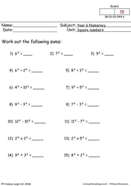 Adding And Subtracting Square Numbers Worksheet