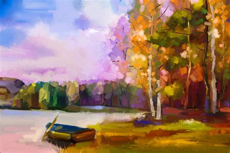 Oil Painting Landscape Colorful Autumn Trees Stock