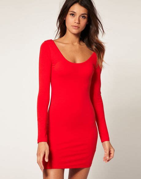 Asos Collection Asos Bodycon Dress With Long Sleeve In Red Lyst