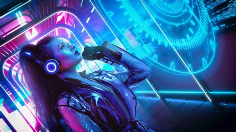 Free Download Hd Wallpaper Girl Music Neon Background Cyber
