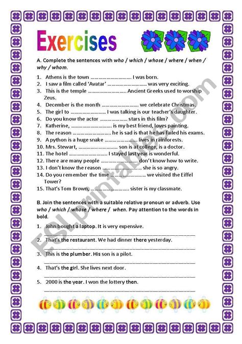 Relative Pronouns And Adverbs Worksheet
