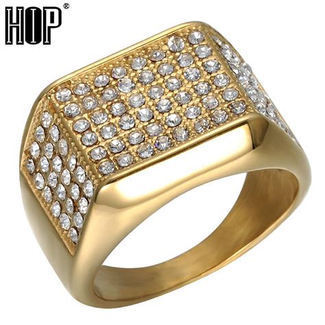 Hip Hop Micro Pave Rhinestone Iced Out Bling Geometric Ring Ip Gold