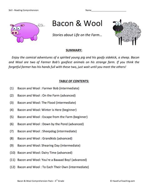 Bacon And Wool Reading Comprehension Test Collection • Have Fun Teaching