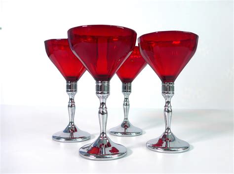 4 Vintage Red Glass Glasses Ruby Moondrops New Martinsville Cocktail Liquor Red Glasses W
