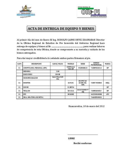 Acta De Entrega De Equipo Y Bienes 2012