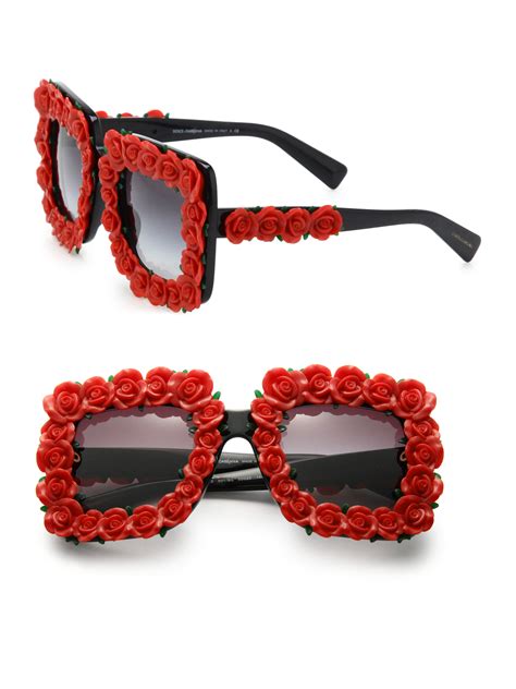 Dolce And Gabbana Floral Embellished 50mm Square Sunglasses In Red Lyst