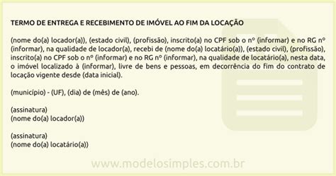 Modelo De Termo De Entrega E Recebimento De Imóvel Ao Fim Da Locação