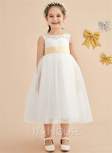 a line princess tea length flower girl dress tulle lace sleeveless scoop neck with sash bow s