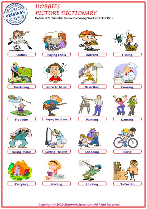 Hobbies Printable English Esl Vocabulary Worksheets Engworksheets