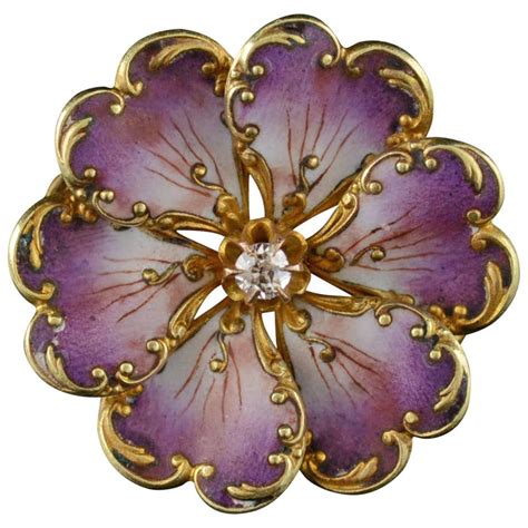 1900s Art Nouveau French Art Purple Enamel Diamond Gold Pin At 1stdibs