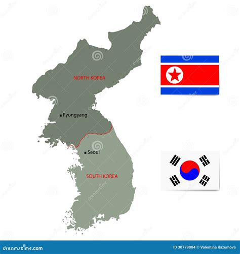 North And South Korea Vector Map With Flags Stock Vector Illustration