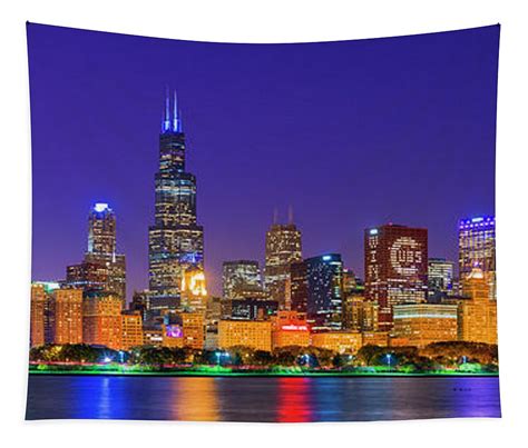 Chicago Skyline With Cubs World Series Lights Night Lake Michigan