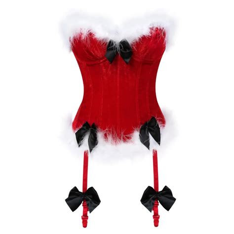 Christmas Costume Sexy Flannel Bow Fur Overbust Red Corset Top Vintage