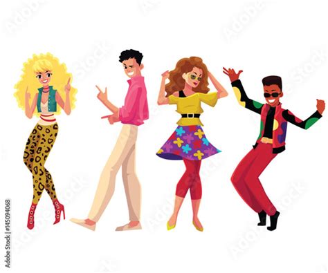 People In 1980s Eighties Style Clothes Dancing Disco Cartoon Vector