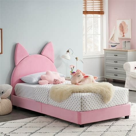 Vecelo Kids Children Upholstered Bed Frame Cat Shape Twin Size