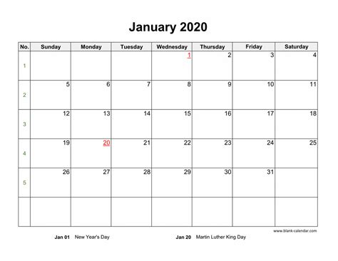 Download January 2020 Blank Calendar With Us Holidays Horizontal