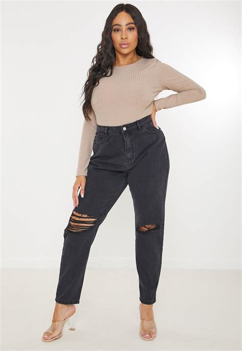Plus Size Black Busted Knee Mom Jeans Missguided