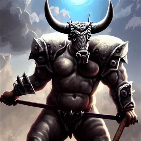 Epic Bull Headed Minotaur Beast In Silver Heavy Armor Stable