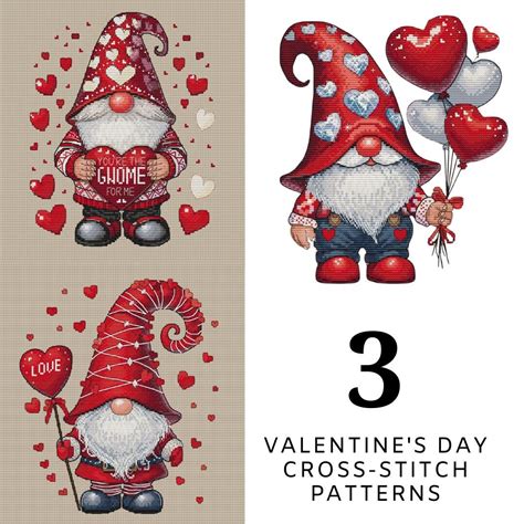 set of 3 valentine gnomes cross stitch pattern cute gnomes with heart x stitch design modern