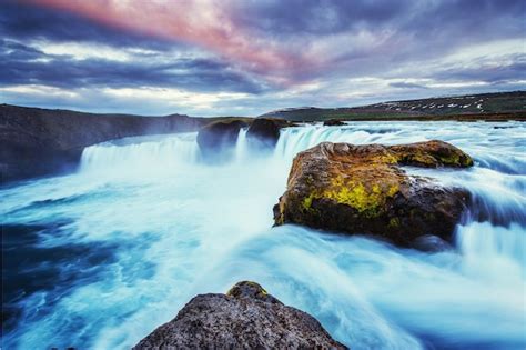 Godafoss Waterfall At Sunset Fantastic Rainbow Iceland Europe Free