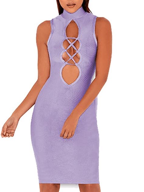 High Neck Hollow Lace Up Bodycon Dress