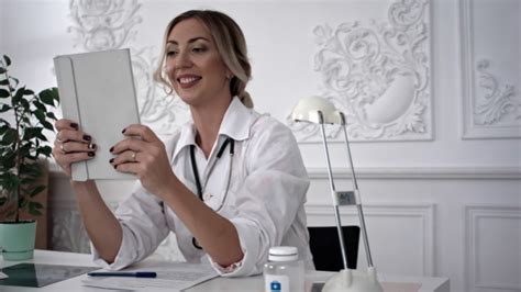 Female Doctor Making Selfie On Tablet In Office Stock Footage Videohive