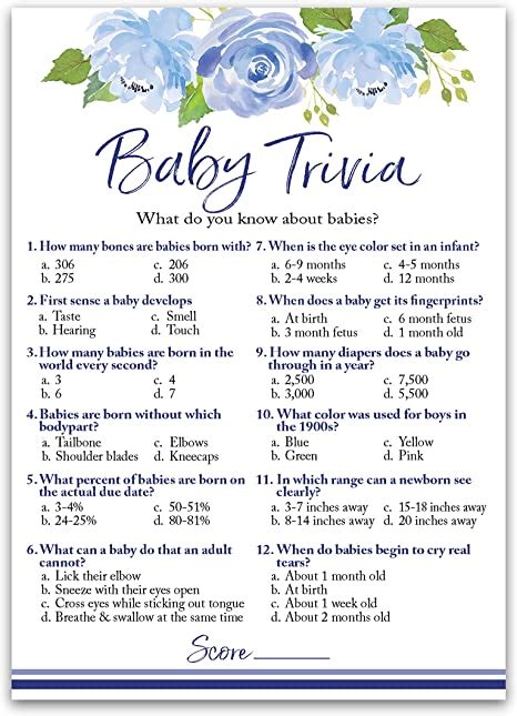 Blue Baby Trivia Juego Floral Para Baby Shower Paquete