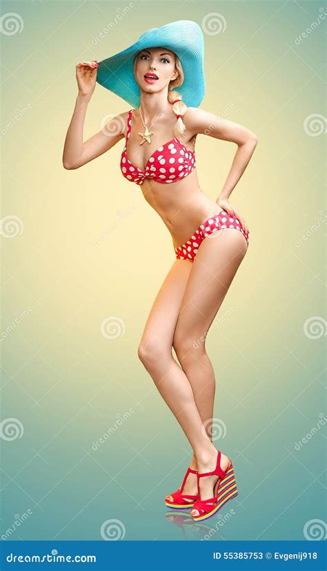 Beautiful Woman In Red Polka Dots Fashionable Swimsuit PinUp Stock Image Image Of Beach Girl