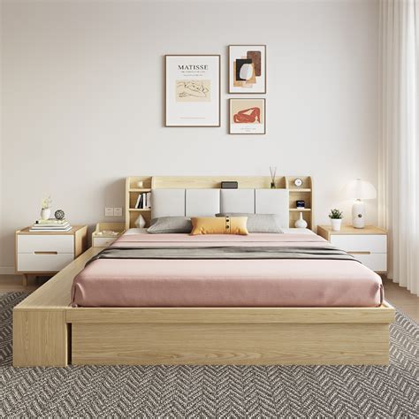 Multi Storage King Platform Bed Upholstered Bookcase Headboard With