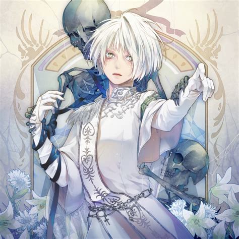 Wallpaper Anime Boy Skeleton White Hair Gloves Flowers