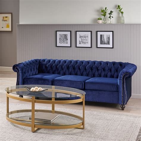 Noble House Augus 3 Seater Button Tufted Sofa Midnight Blue Dark