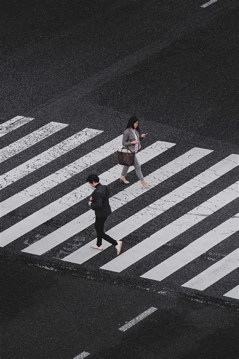 Aerial Photography Man Woman Walking Pedestrian Lane Daytime