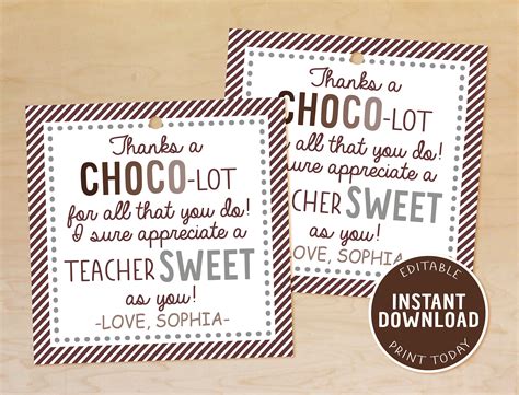 Chocolate Teacher Appreciation Tags Chocolate Thank You T Etsy