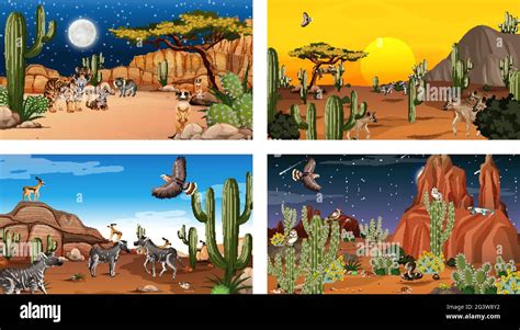 Four Different Desert Forest Landscape Scenes With Animals And Plants