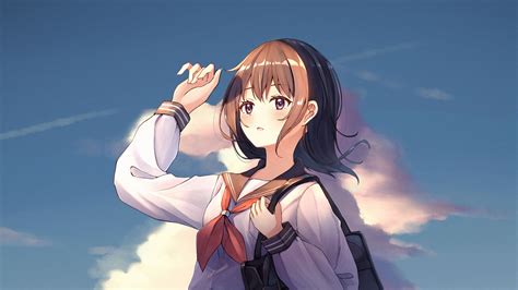 Anime Girl With School Uniform Is Standing In Clouds Blue Sky