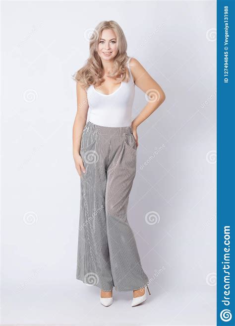 Full Length Portrait Of Cheerful Blonde Woman Stock Image Image Of