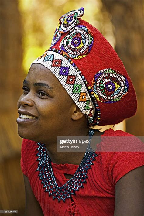 Zulu Woman In Traditional Red Headdress Of A Married Woman Lesedi Cultural Village Near