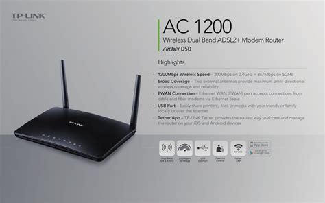 Tp Link Ac1200 Wireless Dual Band Adsl2 Modem Router Archer D50