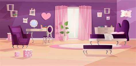 Premium Vector Girl Bedroom Interior In Pink And Violet Colors Cartoon Teenager Room Classic