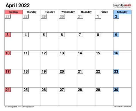 April 2022 Calendar Templates For Word Excel And Pdf