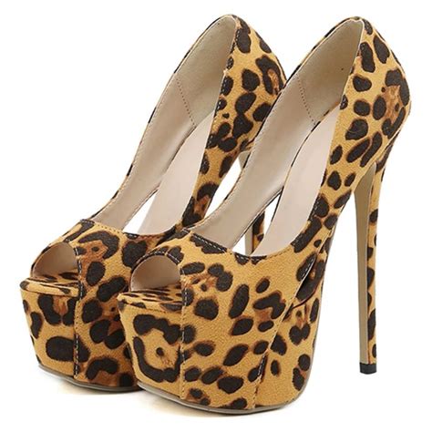 Leopard Print High Heel Platform Shoes For Women Open Toe Hollow Design 16cm Platform High