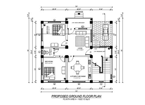 34x31 House 2 Bhk Plan Autocad Drawing Download Dwg File Cadbull
