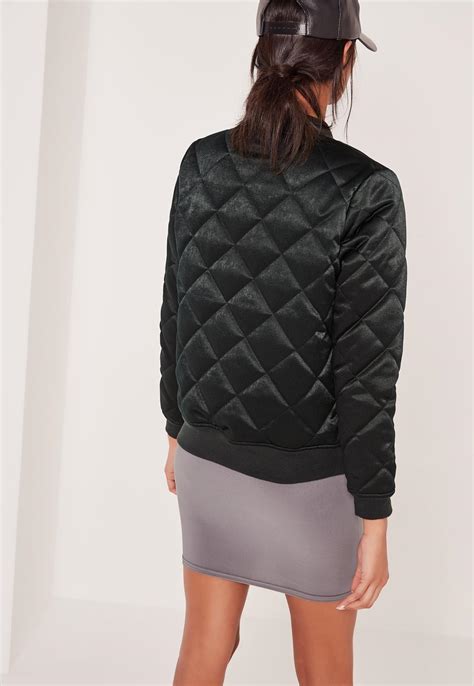 Missguided Quilted Satin Bomber Jacket Green Lyst