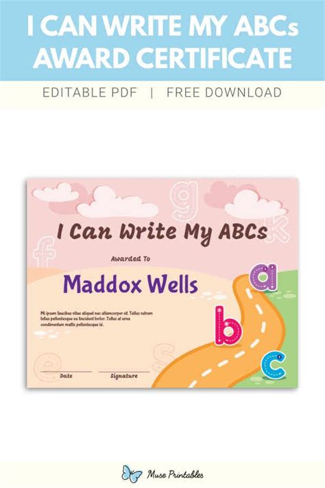 Free Printable I Can Write My Abcs Award Certificate Template The