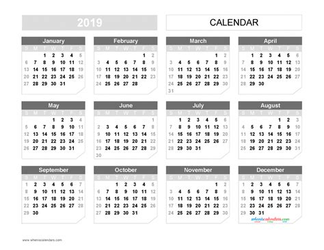 Printable 2019 Yearly Calendar Template Landscape Format Us Edition