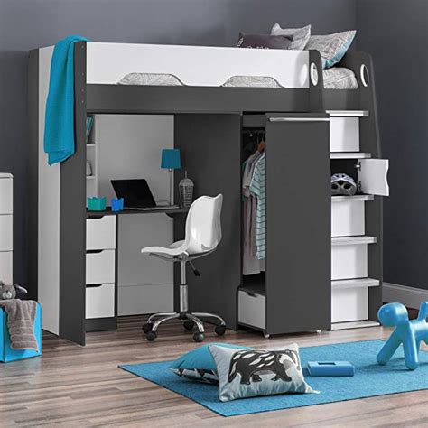 High Sleeper Storage Bed Happy Beds Pegasus Grey Wood Modern Desk Wardrobe Drawers Cupboards