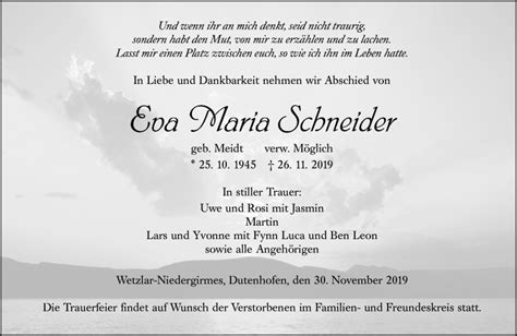 Traueranzeigen Von Eva Maria Schneider Vrm Trauerde