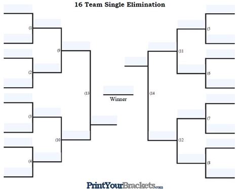 Fillable 16 Team Single Elimination Tournament Bracket Printable