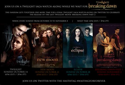 Twilight series in order (books) here is a list of the twilight series in order by publication date. Twitter Watch-Along of Twilight Movies #WaitingForForever ...