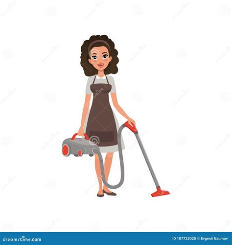 Cartoon Character Of Hotel Maid With Vacuum Cleaner Young Curly Haired Girl In Dress And Apron